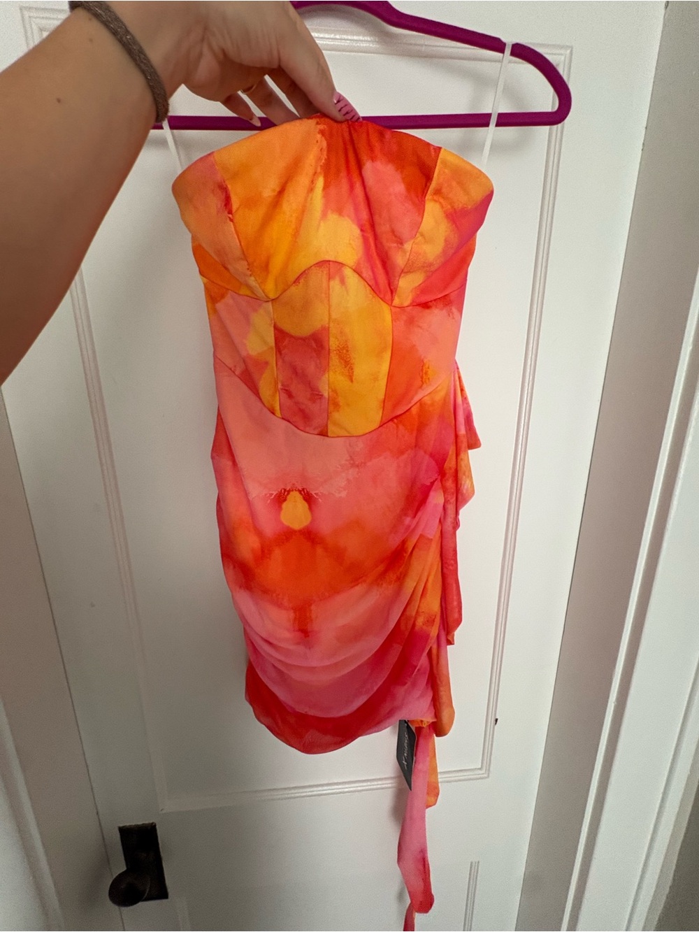 SHEIN Strapless Mini Dress in Orange and Pink Watercolor